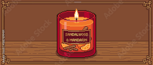 Burning sandalwood and mandarin scented candle in a red glass jar creates a cozy and warm atmosphere in a charming and nostalgic pixel art illustration