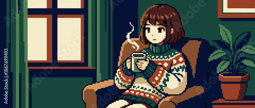 Pixel art illustration of a woman wearing a cozy patterned sweater, relaxing comfortably in an armchair while holding a steaming mug of a hot drink in a calm room