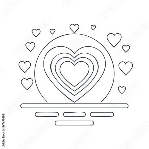 Abstract Heart Sunset Line Art Illustration with Floating Hearts for Valentines, Romance and Graphic Design Templates