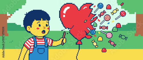 Pixel art illustration of a surprised boy popping a red heart-shaped balloon, releasing an explosion of colorful candies and lollipops in a whimsical, retro video game style