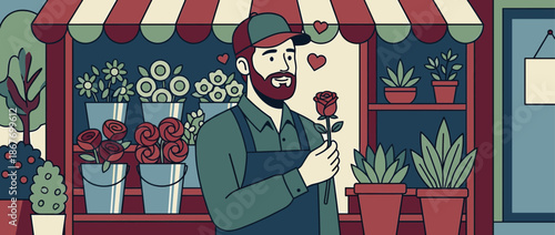 Smiling bearded male florist in a cap and apron holds a single red rose with love hearts floating around him at his charming flower shop with bouquets and potted plants