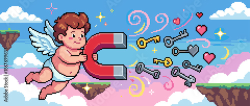 Cute pixel art cupid angel with wings flies through a whimsical sky, holding a large red magnet to attract golden and silver keys in a romantic retro video game scene