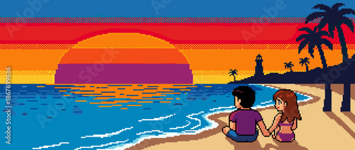 Pixel art illustration of a romantic couple sitting on a sandy beach watching a vibrant sunset over the ocean in a retro 8-bit video game style with palm trees and a lighthouse