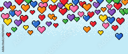 Pixel art hearts in vibrant rainbow colors float downwards in a cheerful retro 8-bit video game graphic, symbolizing love, pride, and digital romance
