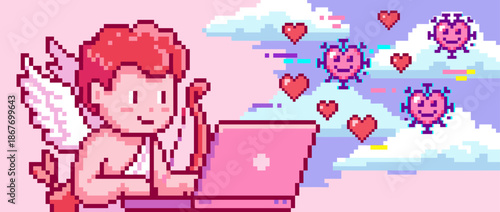 Winged pixel art Cupid character uses a pink laptop to send heart-shaped viruses, a modern concept of digital love and online dating during a pandemic