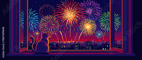 Pixel art cat sitting on a windowsill watches a colorful fireworks display exploding over a city skyline at night in a retro 8-bit video game style illustration