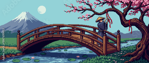 Person in traditional clothing and a conical hat stands on an arched wooden bridge in a serene pixel art landscape with a blooming cherry tree and a large mountain