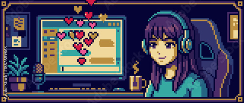 Pixel art illustration of a female streamer wearing headphones and smiling at her computer, receiving heart icons from her audience during a cozy late-night live stream session