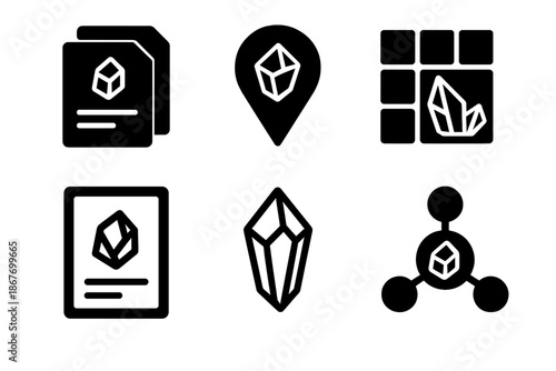 Mineral Catalog Icons. Solid style icons of mineral catalog systems: specimen sheets, faceted markers, archive grids, crystal