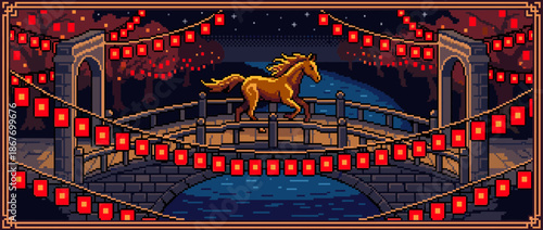 Golden pixel art horse runs across a stone bridge decorated with glowing red lanterns during a festive night celebration in a retro 8-bit video game style artwork