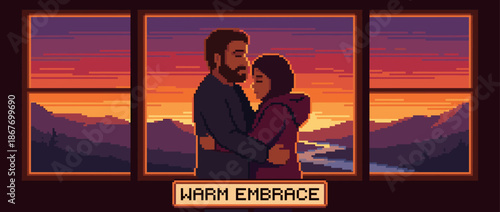 Pixel art illustration of a loving couple embracing warmly while standing in front of a large window overlooking a beautiful mountain landscape during a vibrant sunset