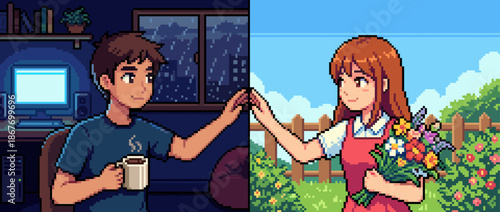 Pixel art illustration of a romantic couple touching hands across a split-screen, showing a man indoors at his computer at night and a woman outdoors in a sunny garden