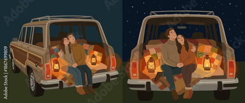 Romantic young couple sitting together in the open trunk of a vintage car, cuddling under a cozy patchwork quilt and looking up at the starry night sky with a warm lantern