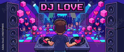 Pixel art DJ playing romantic music on turntables for a happy crowd dancing in a vibrant nightclub with floating hearts and pink cubes under a neon sign