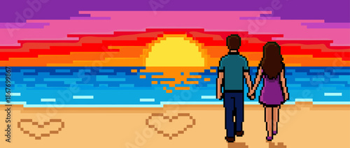 Pixel art illustration of a young couple holding hands while walking on a romantic beach with hearts drawn in the sand, enjoying a beautiful and colorful sunset over the calm sea