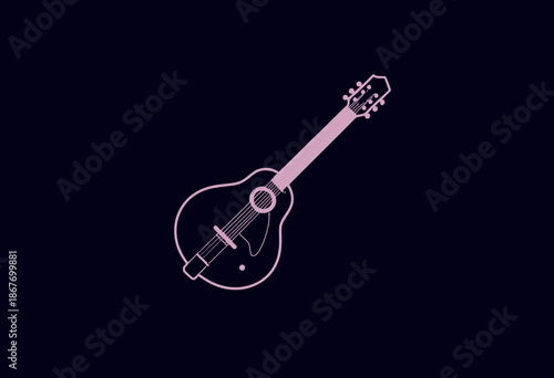 Glowing Neon Mandolin Illustration on Dark Background Highlighting Detailed Strings and Intricate Design with Vibrant Pink and Purple Hues