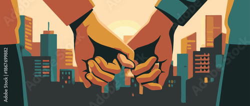 Two illustrated hands holding each other tenderly in a romantic gesture of love and support over a stylized urban cityscape during a warm sunset
