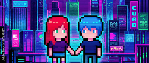 Pixel art couple with red and blue hair holding hands in a vibrant, futuristic cyberpunk cityscape illuminated by glowing purple and blue neon signs at night