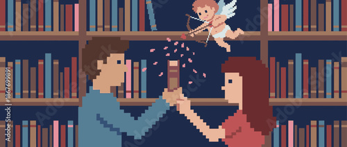 Pixel art illustration of a romantic couple meeting in a library as they reach for the same book with a cupid flying above them aiming his arrow