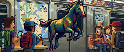 Colorful pixel art horse jumping inside a crowded subway car as surprised passengers watch in a surreal, retro video game style illustration