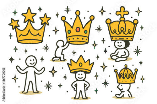 Magical Leadership Crowns. Magical doodle leadership styles with four smiling crowns, each decorated differently, tiny characters