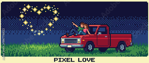 Romantic pixel art couple sitting on a red pickup truck hood watching heart-shaped stars in the night sky in a retro 8-bit video game style illustration