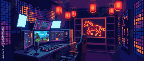 Pixel art gaming room with a multi-monitor computer setup, neon horse sign, and hanging lanterns creating a cozy, futuristic cyberpunk atmosphere at night