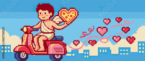 Cute pixel art cupid character riding a red scooter holds a heart-shaped pizza, spreading love with floating hearts above a cityscape in a retro video game style