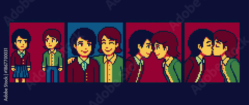 Pixel art sequence showing a lesbian couple's relationship progression from friendship to a romantic first kiss in a retro 8-bit video game style illustration
