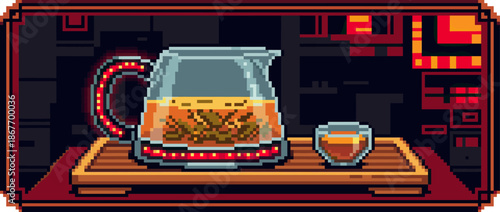 Glowing futuristic glass teapot with loose leaf tea and a cup on a wooden tray in a detailed pixel art style with a warm, cozy sci-fi aesthetic