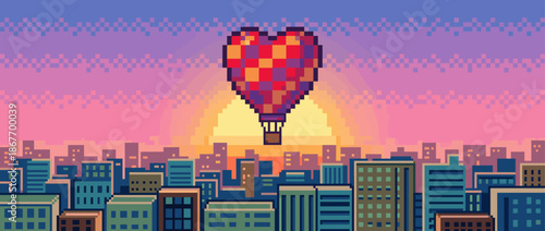 Colorful heart shaped hot air balloon in a retro pixel art style flies over a cityscape with a beautiful gradient sky at dawn or dusk, creating a romantic scene