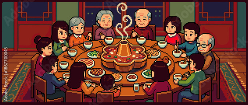 Large multi-generational Asian family gathering together around a festive dinner table to share a steaming hot pot meal in a warm and cozy retro pixel art style