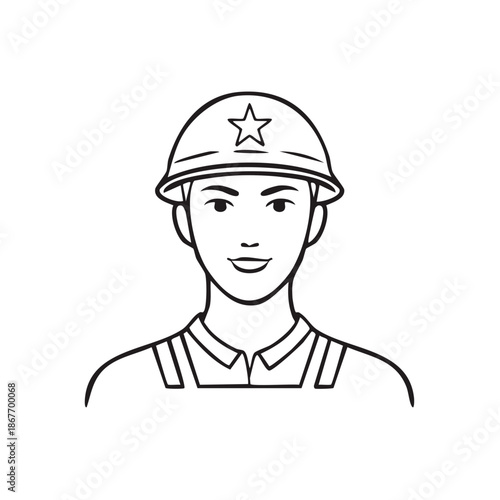 Line Art Portrait of a Young Worker in a Helmet with a Star Symbol. Safety and Professions