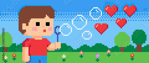 Pixel art boy with brown hair blows magical bubbles that turn into floating red hearts in a cheerful landscape, evoking love and nostalgia in a retro 8-bit video game style