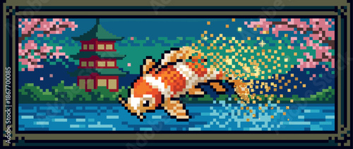 Pixel art orange and white koi fish swims in a tranquil pond, its tail dissolving into golden sparkles before a pagoda and cherry blossom trees in a serene night scene