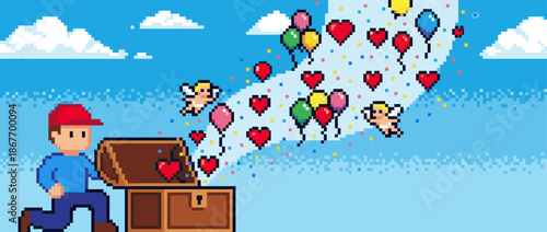 Pixel art character opening a wooden treasure chest releasing a magical stream of red hearts, colorful balloons, and flying cupids into the bright blue sky