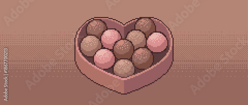 Heart-shaped box of assorted chocolate truffles with pink and brown candy presented in a nostalgic 8-bit pixel art style, perfect for a romantic gift or celebration