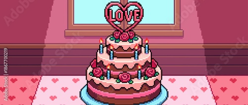 Three-tiered romantic pixel art cake with pink frosting, chocolate layers, red roses, and lit candles features a heart-shaped topper with the word love for a celebration