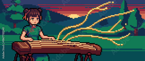 Pixel art woman playing a guzheng zither creates magical golden music in a serene forest during a beautiful sunset, rendered in a nostalgic 8-bit video game aesthetic