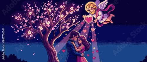 Romantic pixel art couple embracing tenderly under a blooming cherry blossom tree at night as a cupid angel showers them with glowing hearts from above