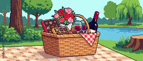 Charming pixel art picnic basket filled with red wine, gourmet chocolates, and a bouquet of roses is set for a romantic date in a scenic park