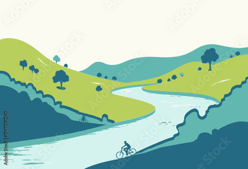Peaceful River Valley Scene with Cyclists Enjoying a Serene Ride along Rolling Hills and Curved Watercourse under a Clear Blue Sky