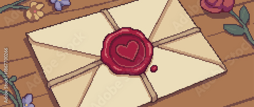 Pixel art love letter envelope sealed with a red wax heart stamp rests on a rustic wooden table surrounded by delicate, colorful flowers in a nostalgic retro game style