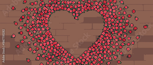 Beautiful heart shape made of many small pixel art roses creates a romantic and charming composition with a retro 8-bit video game aesthetic for a lovely celebration
