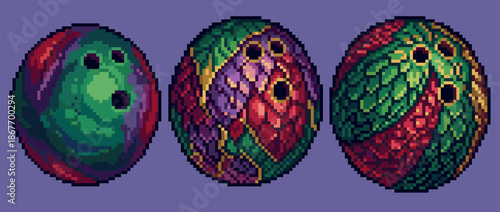 Three colorful pixel art bowling balls with intricate swirl and floral patterns in a retro 8-bit video game style illustration showing detailed pixelated textures