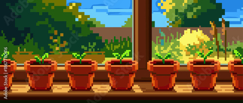 Charming pixel art seedlings in terracotta pots sit in a neat row on a sunlit wooden windowsill, a cozy 8-bit scene of gardening and new beginnings