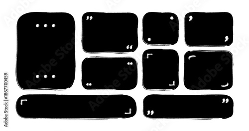 Chalk hand drawn shapes and frames for social media. Black crayon doodle abstract isolated text box with punctuation signs. Speech bubble blobs for dialog. Kids drawing