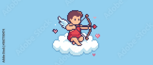 Cute pixel art cupid character sitting on a cloud holds a bow and arrow with a heart tip, representing love and romance for Valentine's Day in a retro 8-bit video game style