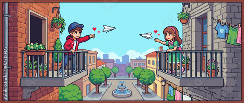 Pixel art illustration of a young couple on opposite balconies sending paper airplanes with hearts, a romantic scene in a charming city with a fountain and trees