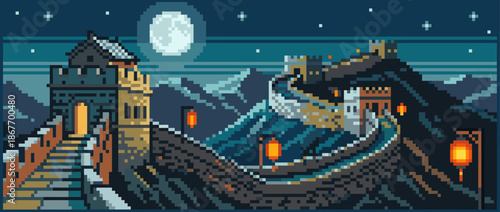 Long ancient stone wall with towers winds through mountains at night under a full moon in a beautiful pixel art style with glowing lanterns illuminating the path